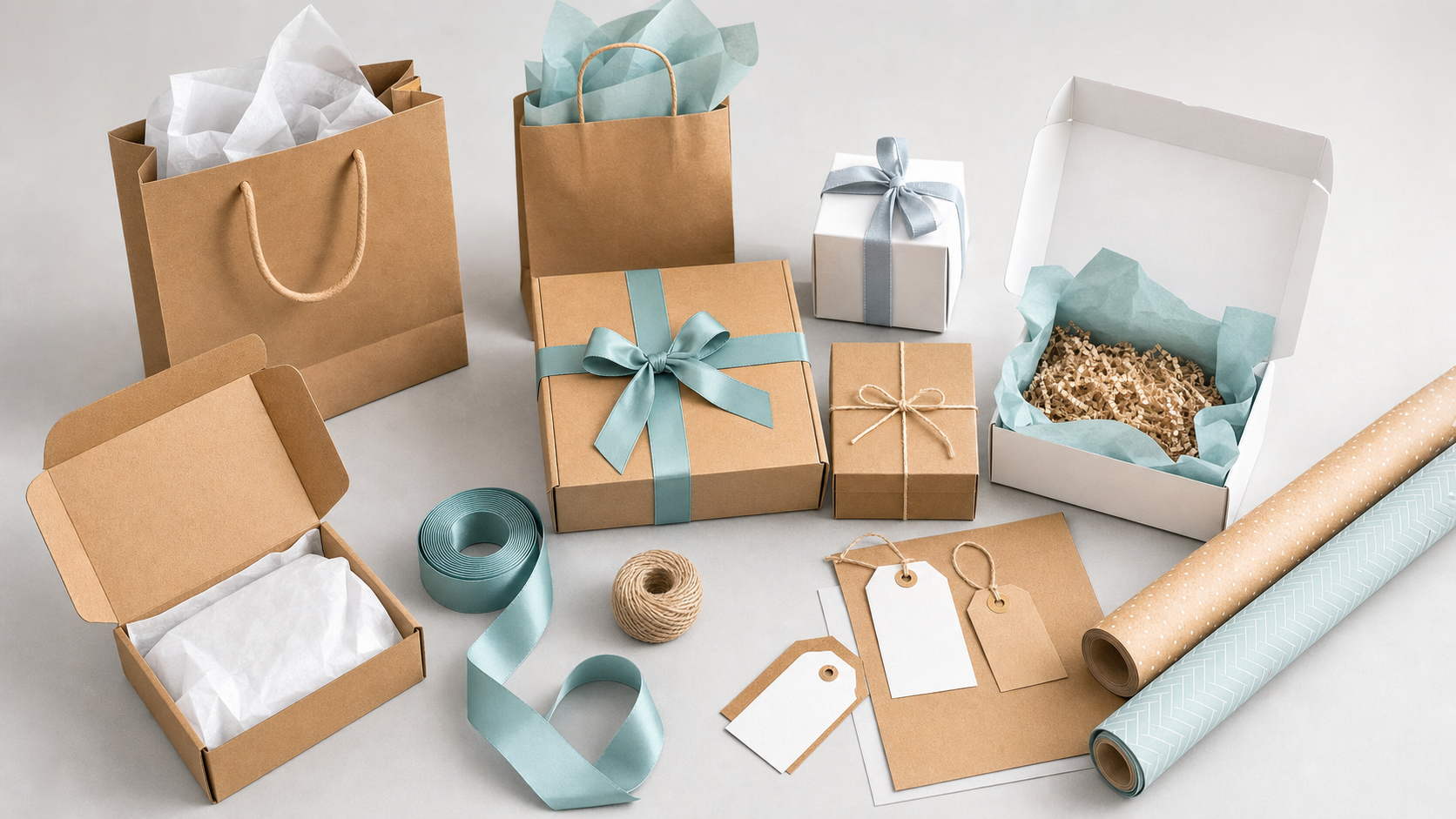 Gift boxes, bags, ribbons, tags, and wrapping paper arranged on a studio tabletop