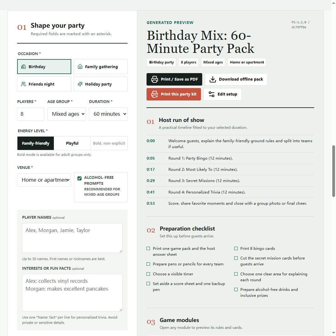 Party Studio showing an eight-player birthday game pack and print controls