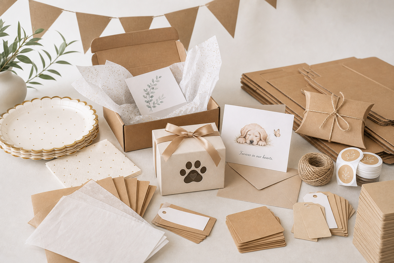 A coordinated paper packaging collection with kraft boxes, tags, tissue, cards, labels, and ribbon