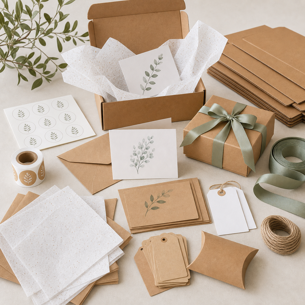 Kraft custom packaging set with mailer box, cards, tissue, tags, and stickers