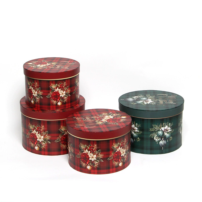 Nested round Christmas tartan paper flower boxes