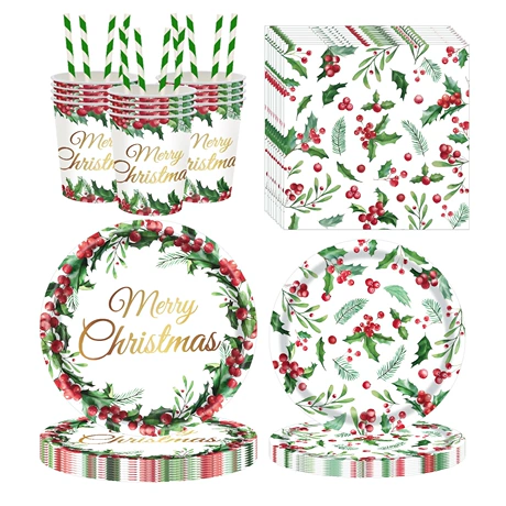 Holly Christmas Paper Tableware Set
