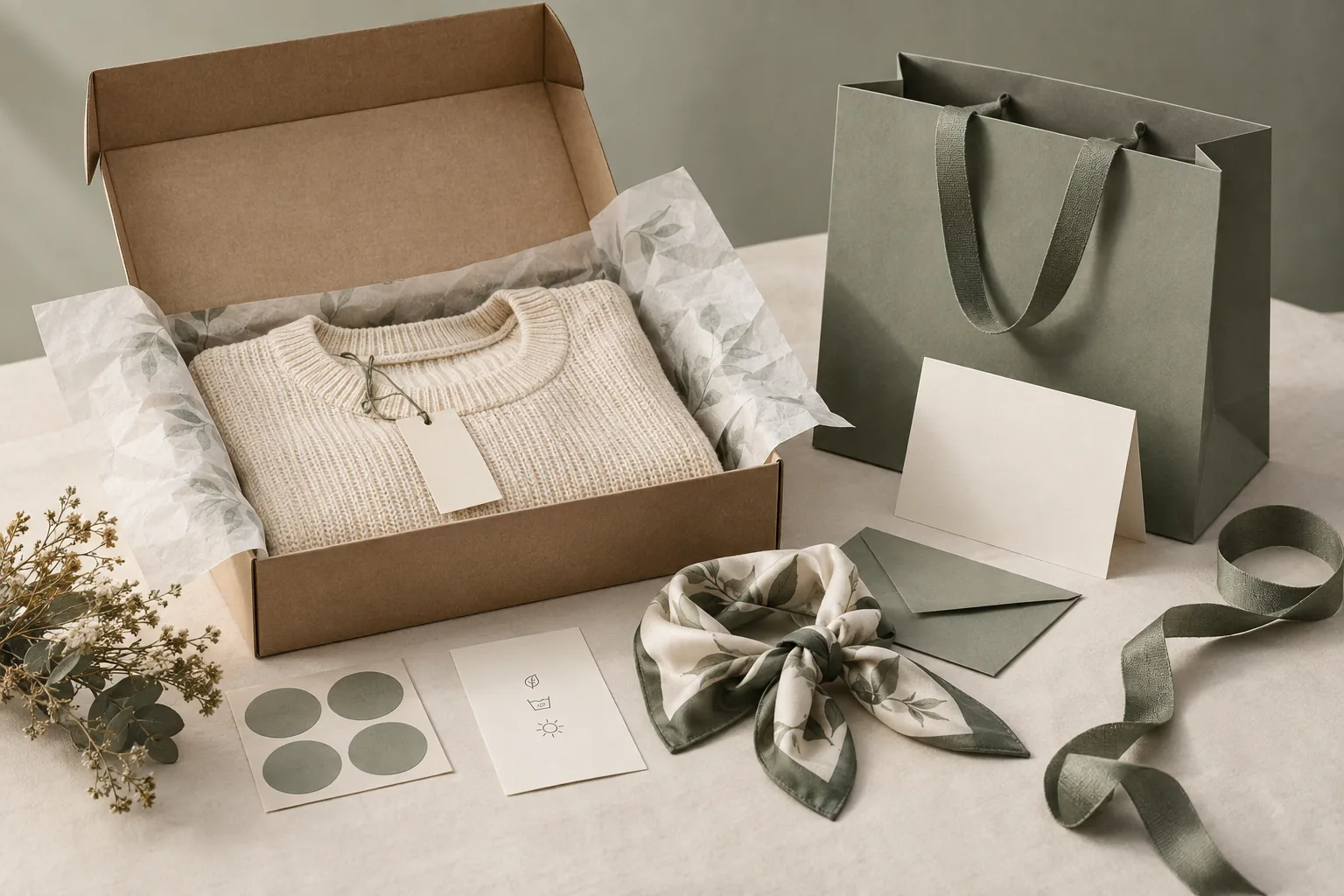 Complete apparel packaging system with garment, mailer box, paper bag, tissue, cards, envelope, hang tag, stickers and ribbon