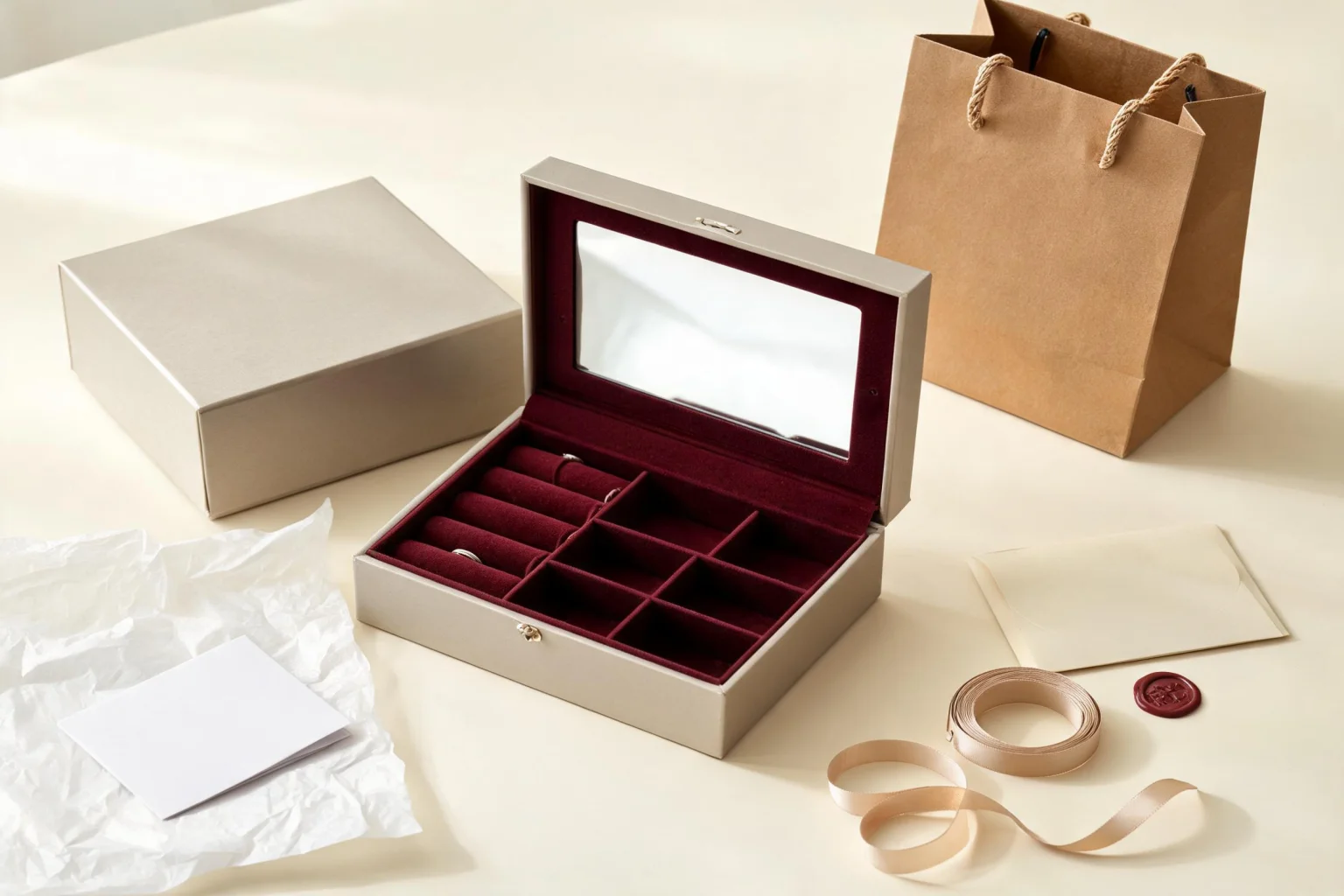 Complete jewelry box packaging scene with open velvet jewelry box, mirror, presentation box, paper bag, tissue, care card, envelope and ribbon