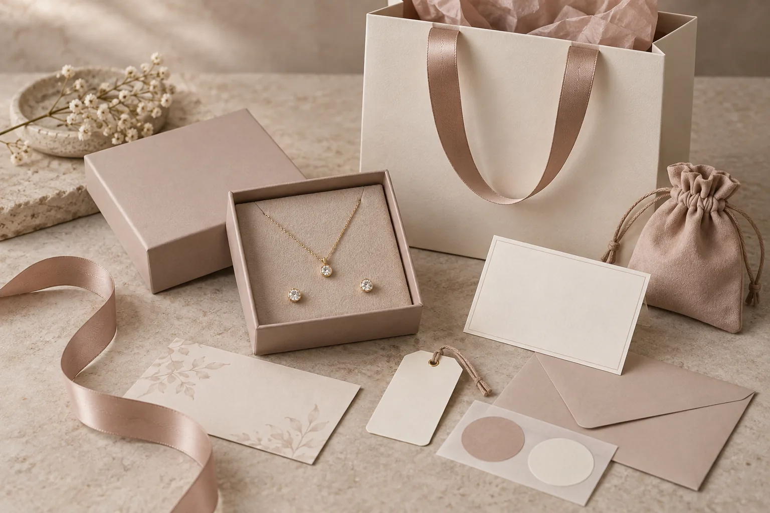 Complete jewelry packaging scene with necklace and earrings, jewelry box, paper bag, pouch, card, envelope, tag, stickers and ribbon