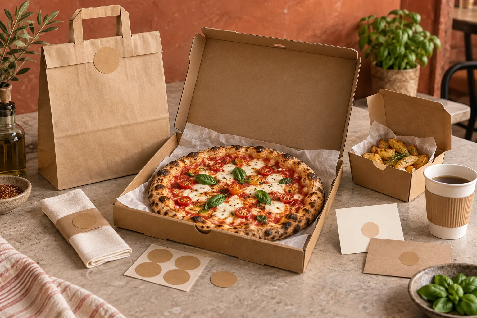 Complete pizza takeaway packaging scene with pizza, kraft box, paper bag, side carton, greaseproof liner, napkin band, cards and sticker seals