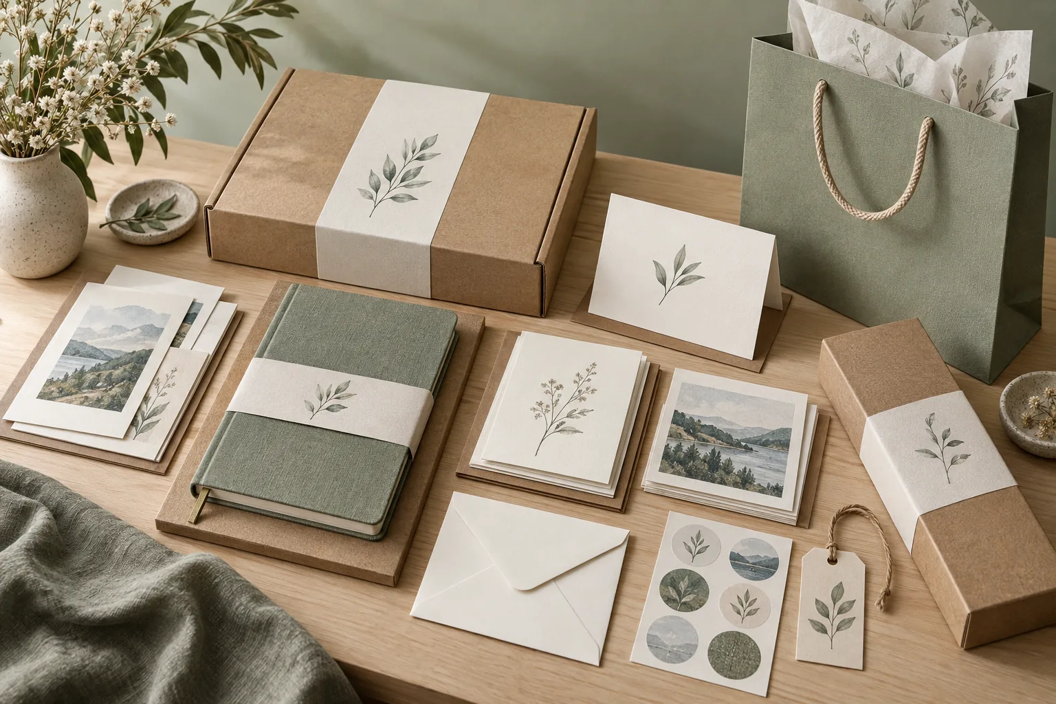 Complete stationery packaging system with product, mailer, paper bag, envelope, bands, tags and stickers