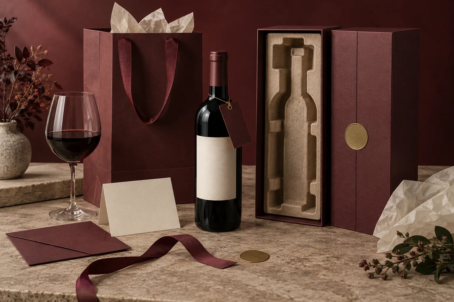 Complete wine packaging scene with bottle, molded paper insert, gift box, paper carrier, tissue, card, envelope, bottle tag, seal and ribbon